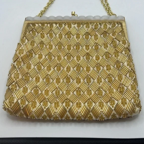 VTG Gold sequin 60s evening bag elegant night out purse formal lady like gala - Picture 2 of 12